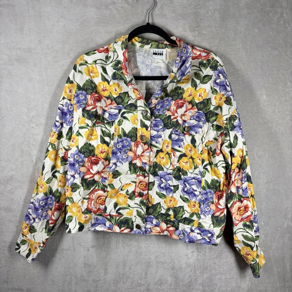 Vintage Floral Short Denim Jacket Size L Retro 90s Colorful Whimsical Garden